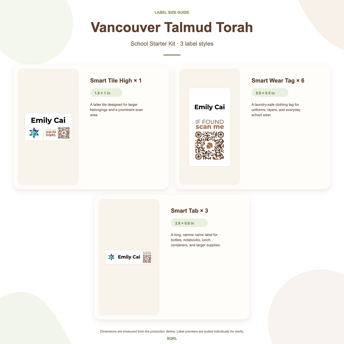 Vancouver Talmud Torah Starter Kit Size Guide