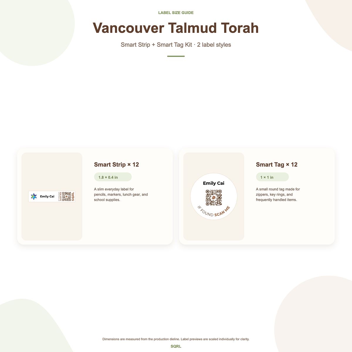 Vancouver Talmud Torah Smart Strip & Smart Tag Size Guide