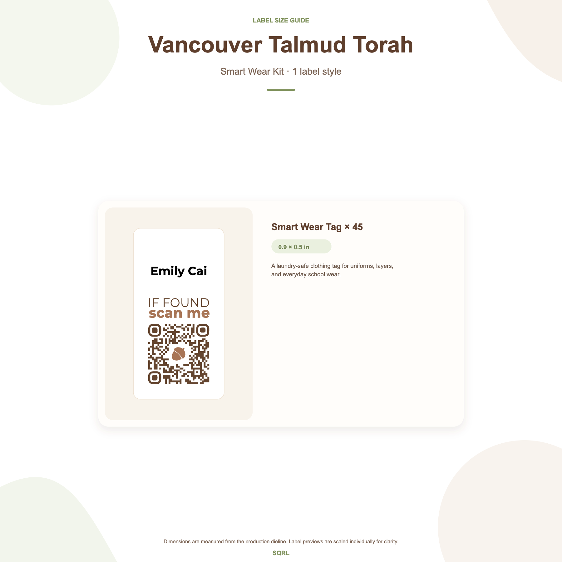 Vancouver Talmud Torah Smart Wear+ Kit Size Guide