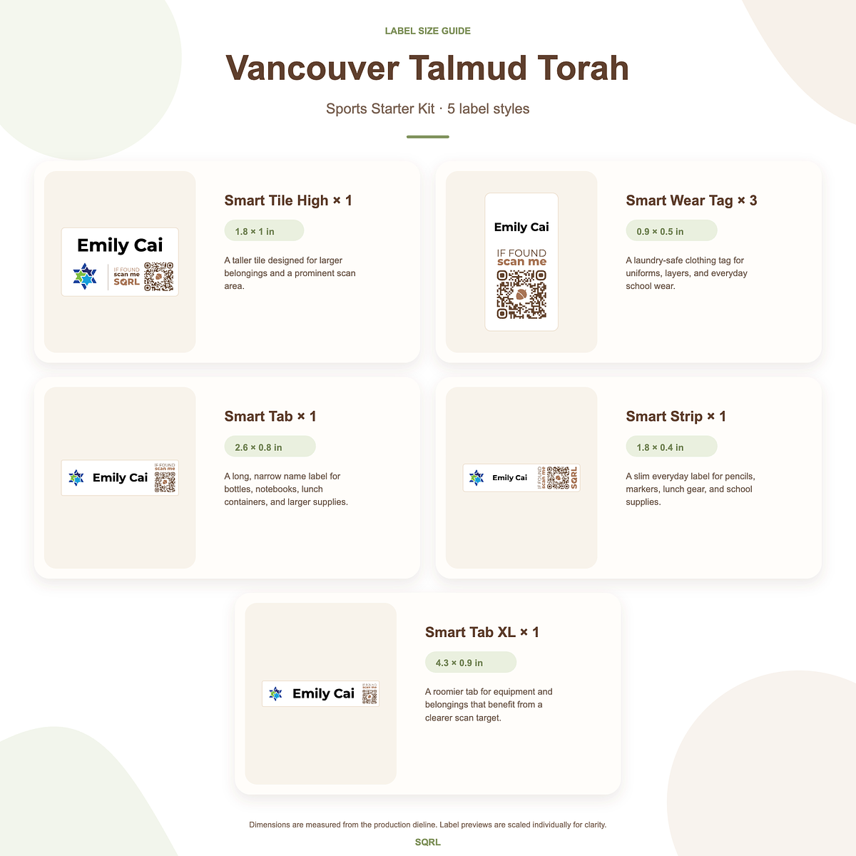 Vancouver Talmud Torah Sports Starter Kit Size Guide
